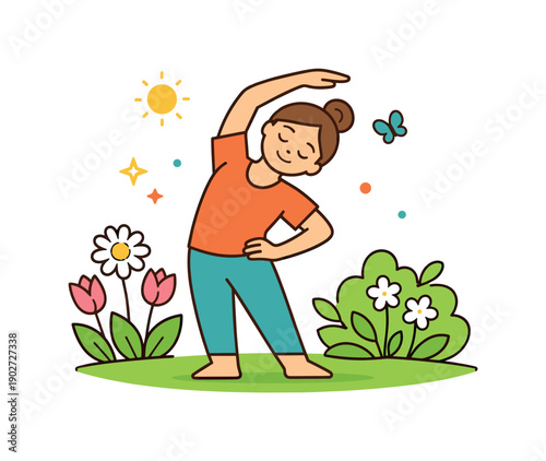 Spring wellness gentle self care moment with a person stretching near blooming plants, expressing renewal, balance, and a fresh start for