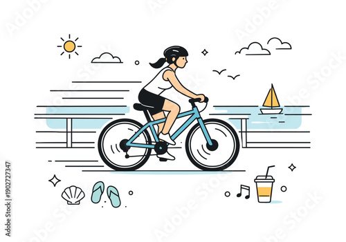 Leisure cycling on a summer promenade. A cyclist moves smoothly past railings and open views, with abstract motion lines suggesting steady