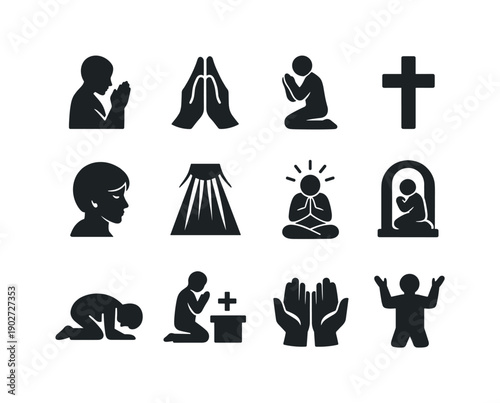 Christian prayer. Solid icon set of Christian prayer: praying figure, folded hands, kneeling posture, cross symbol, light from above, calm