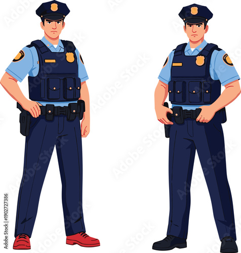 Police officers standing in uniform with tactical gear isolated on white background law enforcement security vector illustration character set