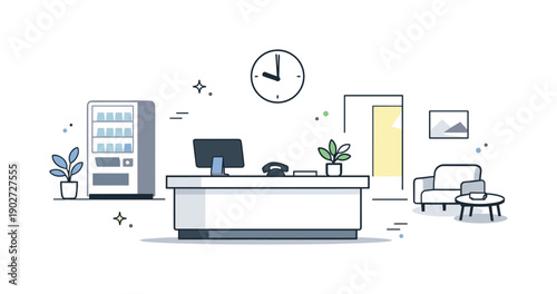 Office lobbies after hours. A reception desk sits unattended, soft light from a vending machine or hallway glowing in the distance. Mood of