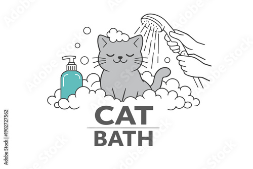 Gray cat enjoying bath time with soap bubbles and shower