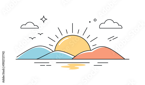 Sunrise landscape editorial background. A refined abstract composition combining sun, sky, and minimal terrain into a cohesive modern layout.