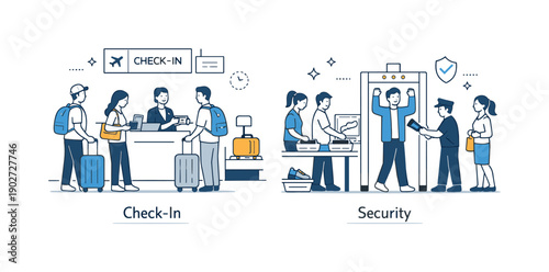 Airport travel illustrations. Check-in and security process shown in a simple editorial scene with people waiting in line and interacting