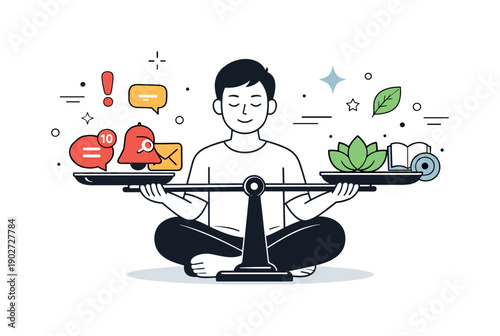 Attention economy balance. A person calmly balancing notification icons and focus symbols on a scale, representing mindful attention. Clear
