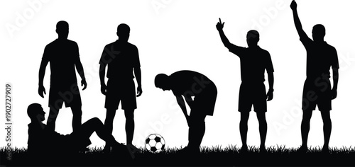 Soccer players silhouettes on grass field with ball, football team activity, sport training scene, athletes standing resting celebrating isolated illustration