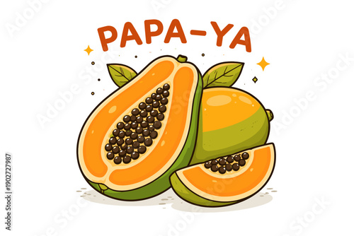 Playful cartoon papaya illustration with sliced fruit and seeds on white background
