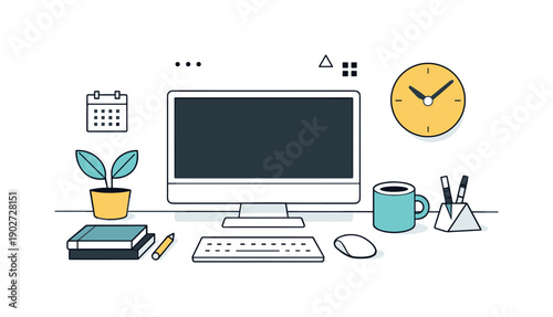 Minimalist Geometric Workspace. Geometric style illustration workspace. A minimal workspace built from geometric forms, with a desk, screen, and objects