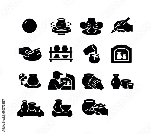 Pottery Process. Solid icon set of Pottery Process: clay ball, wheel spinning, hand molding, carving details, trimming edge, drying rack,