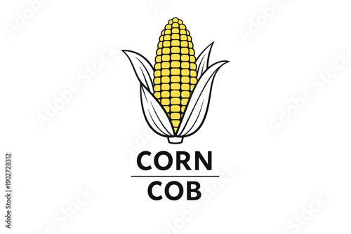Yellow corn cob illustration with green leaves on white background