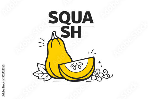 Yellow squash illustration with sliced piece and decorative elements