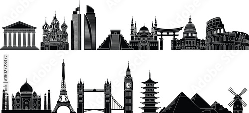 World famous landmarks silhouettes skyline featuring Eiffel Tower Colosseum pyramids Big Ben and temples isolated on white background vector illustration set