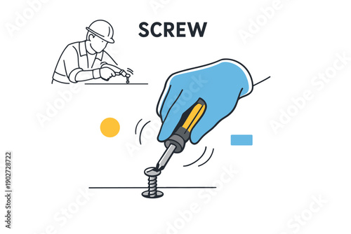 Screwing process illustration with worker and hand using screwdriver