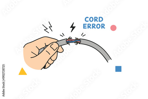 Illustration of a broken electrical cord with error message and hand