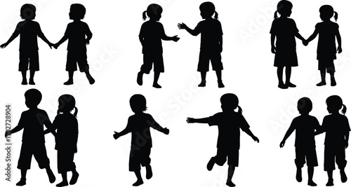 Black silhouettes of young children playing and holding hands in different poses for cad drawing flat vector illustration on white background.