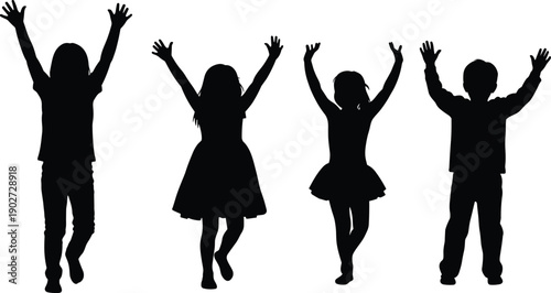 Black silhouettes of young children with hands raised for cad drawing flat vector illustration isolated on white background for your design.