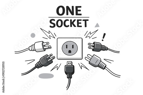 Multiple plugs competing for one electrical socket in cartoon illustration