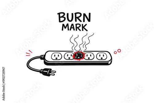 Burn mark on power strip with smoking electrical outlet hazard