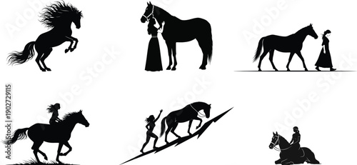 Silhouette illustrations of horses and horseback riders in various poses