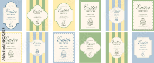 Easter brunch invitation card set with pastel colors, vintage frames, bunny and egg illustrations, perfect for Easter invitations, spring events, menus, and templates