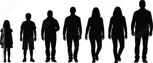 Silhouettes of a diverse family group from child to adult standing in a row representing human growth stages and aging process