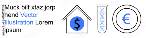 Financial planning, real estate, economic analysis, biotechnology, investments, currency research. House icon with a dollar symbol, DNA structure Euro coin. Financial management and real estate