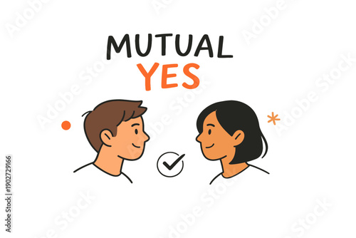Cartoon of smiling male and female characters agreeing with check mark