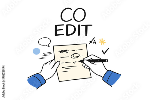 Collaborative editing graphic with hands writing on document