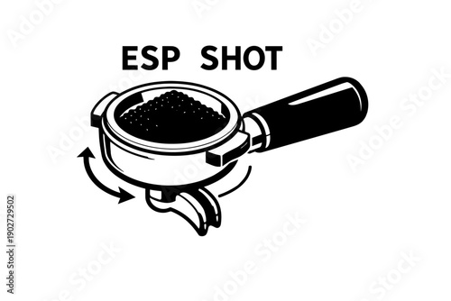 Coffee portafilter illustration with ground coffee and rotation arrows