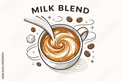 Illustrated swirling milk blend in coffee cup with coffee beans and sugar cube