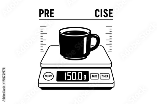 Black mug on digital kitchen scale displaying 150 grams with precise measurement symbols