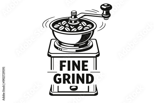 Antique coffee grinder with coffee beans and hand crank illustration