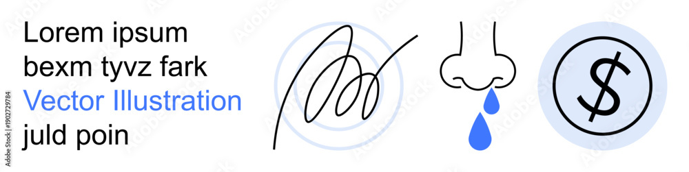 Obraz premium Business processes, health conditions, financial transactions, agreements, medical awareness, personal finances. Hand signature, nose with a drip and dollar sign in circle. Business processes