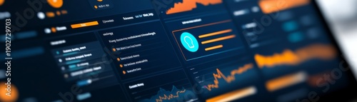 Digital Dashboard Display Neon blue and orange graphs and data charts on dark screen, abstract analytics and insights concept, UI design, business intelligence. Analytics,UI