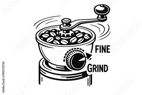 Vintage hand coffee grinder with coffee beans and fine grind setting illustration