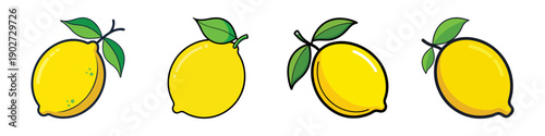 Set of four yellow lemons with leaves on white background flat design vector illustration