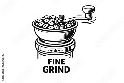 Hand crank coffee grinder with coffee beans illustration