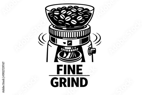 Coffee grinder with beans illustration and fine grind text