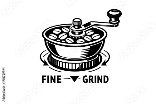 Vintage coffee grinder illustration with beans and hand crank