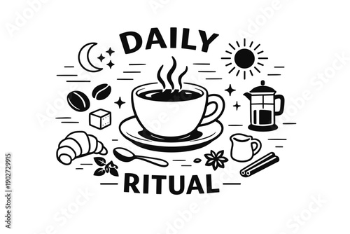 Daily ritual coffee scene with cup, croissant, and french press illustration