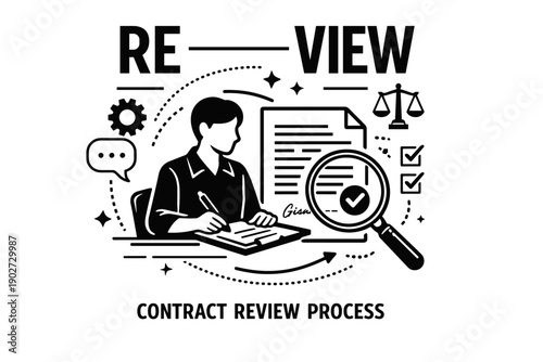 Contract review process illustration featuring asian male professional analyzing documents