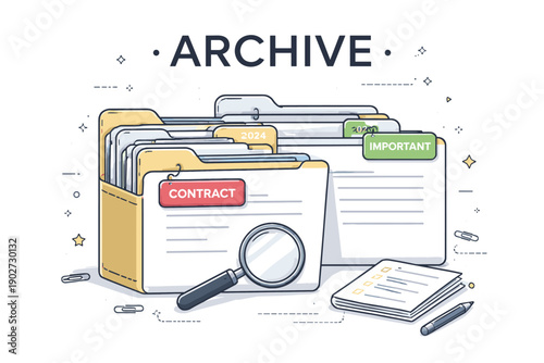 Organized archive with labeled file folders and magnifying glass