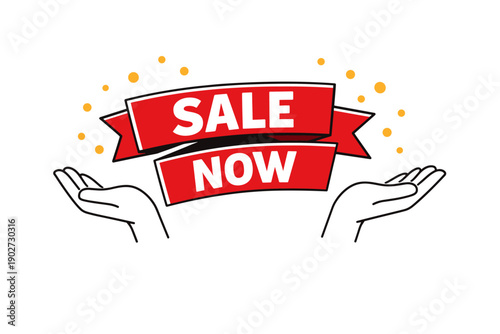 Sale now banner with outstretched hands and floating dots