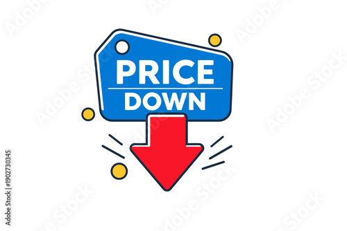 Price down tag with red arrow and blue label on white background