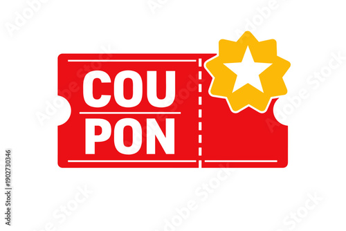 Red coupon ticket with yellow star icon for discounts and promotions
