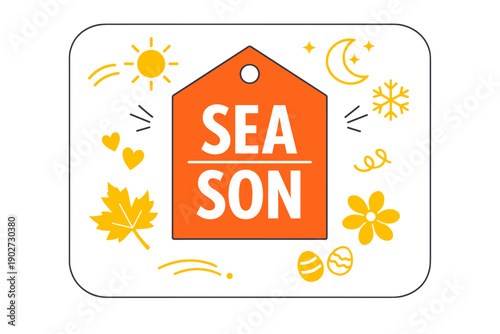 Colorful seasonal elements: sun, moon, snowflake, leaf, flowers, eggs with tag