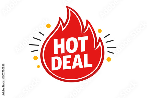Hot deal icon with red flame shape and bold text design