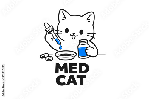 Cartoon cat doctor administering medicine with dropper and pills on white background