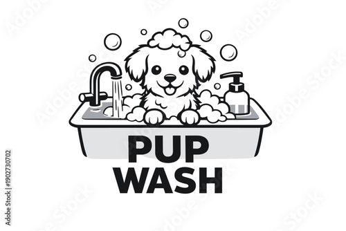 Cute cartoon puppy taking bath with soap bubbles in tub