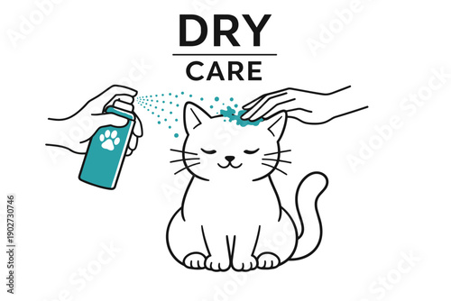 Cat grooming illustration: hands using dry shampoo spray on relaxed kitty